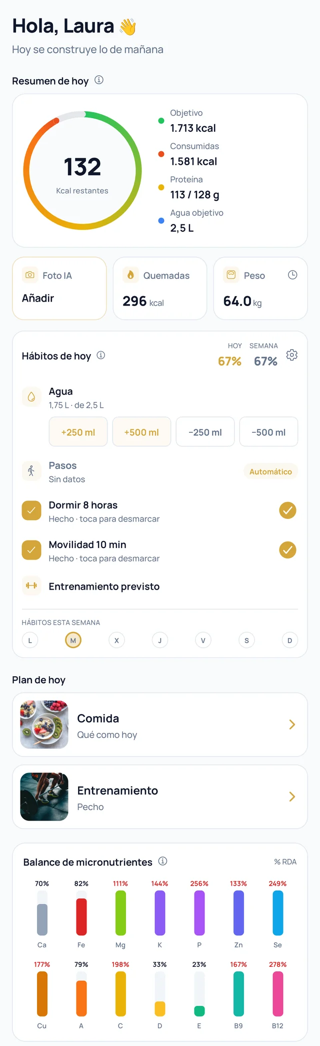 Pantalla Hoy de la app FitCoachLab